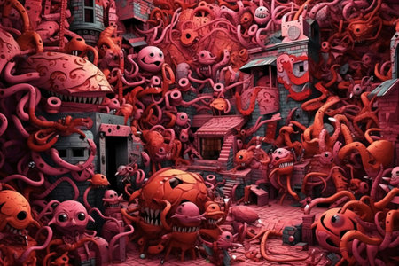 3D rendering of a fantasy city with red and orange alien creaturesの素材