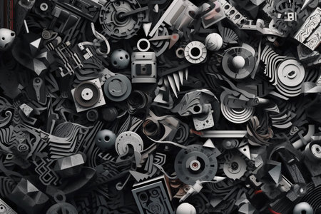 3d illustration of a group of metal parts in black and whiteの素材