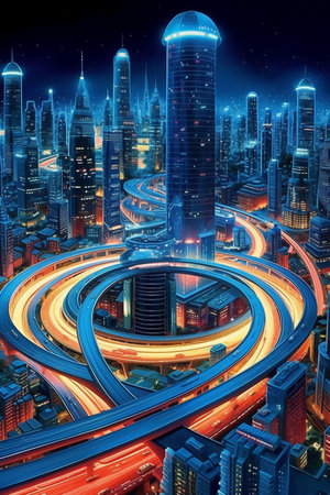 Futuristic city with high-rise buildings and highway at nightの素材