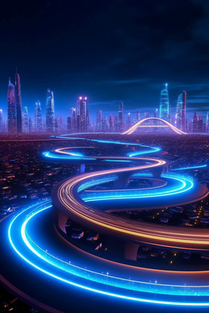 Highway in the city at night with light trails from above.の素材