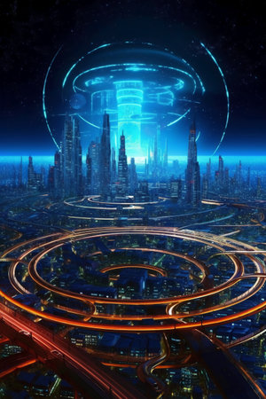 Futuristic city in virtual space. Futuristic city concept.の素材
