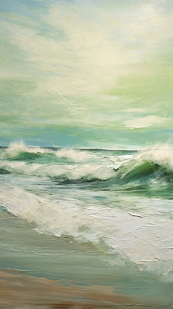 Digital painting of a seascape with waves crashing on the shoreの素材