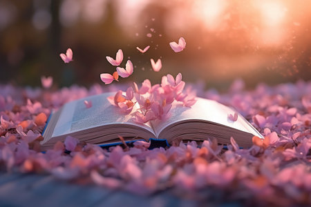 Open book with pink cherry blossom petals on wooden background.の素材