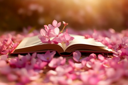 Cherry blossom petals and open book on nature background.の素材