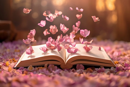 Open book with flying petals of cherry blossom petals.の素材