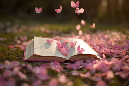 Open book with pink cherry blossom petals on green grass.の素材