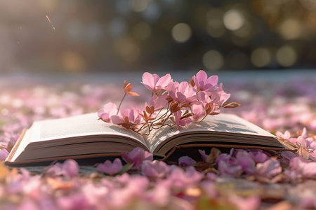 Open book with pink flowers on the floor in the garden, soft focusの素材