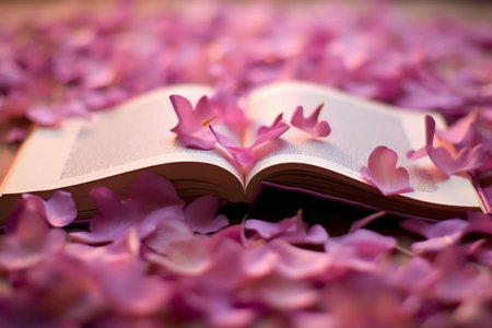 Open book with pink rose petals on wooden background. Selective focus.の素材