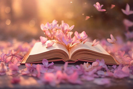 Open book with pink flowers on bokeh background, soft focusの素材