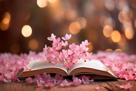Cherry blossoms and open book on bokeh background.の素材
