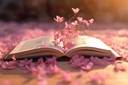 Open book with pink cherry blossoms on wooden table, soft focusの素材