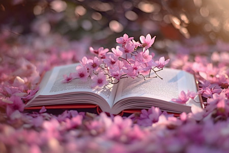 Cherry blossoms and open book with shallow depth of field.の素材