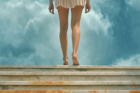 3d illustration of female legs walking up the stairs in the skyの素材