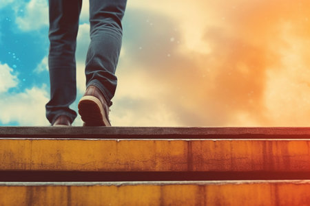 Close up of businessman legs walking up the stairs with sky background.の素材