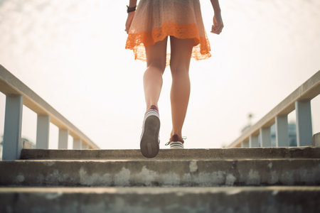 young asian woman legs running up stairs at sunrise seaside.の素材
