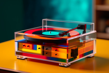 vinyl record player with colorful vinyl record on the table in the roomの素材