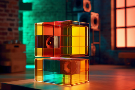3d rendering of a colorful glass cube in a room with speakersの素材