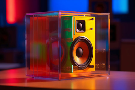 Audio speaker in a glass box on the table. 3d renderingの素材
