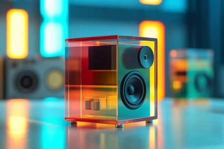 3D Illustration of a colorful speaker system on a light backgroundの素材