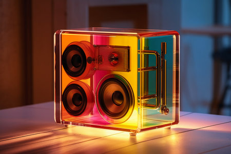 Colorful speaker in glass cube on wooden table. Close up.の素材