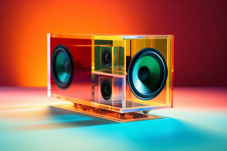 Audio speaker on colorful background. 3d illustration. 3d renderingの素材