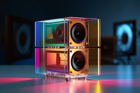 3d illustration of audio speakers in multicolored neon light.の素材