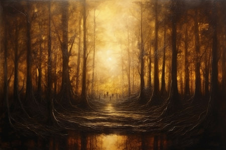 Digital painting of a forest with fog in the background and a man walking on the pathの素材