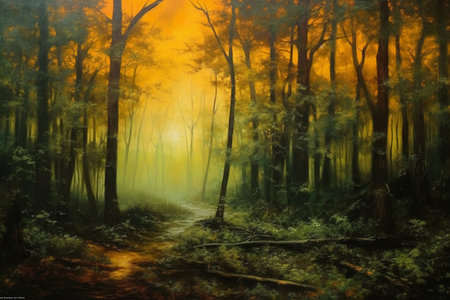 Digital painting of foggy forest with path and trees in the foregroundの素材