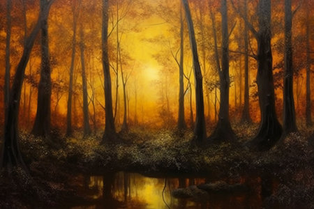 Autumn landscape with foggy forest and river. Digital painting.の素材