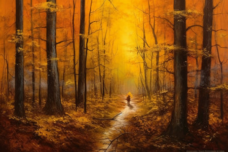 Painting of a path in the autumn forest. Fall season.の素材