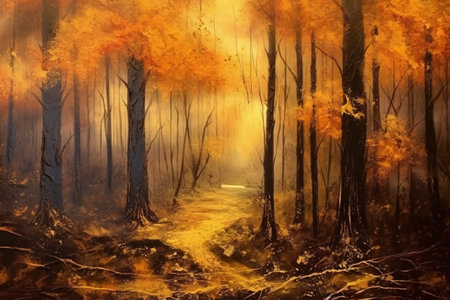 Digital painting of a path in the forest in autumn with fog.の素材