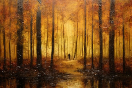 Digital painting of a man walking through a forest at sunset in autumnの素材