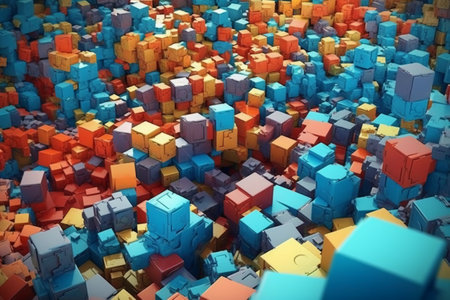 3d rendering of abstract background with cubes in blue and orange colorsの素材