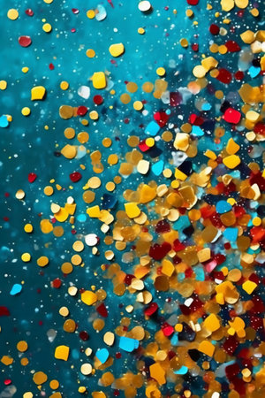 Colored confetti on blue background. Festive abstract background.の素材