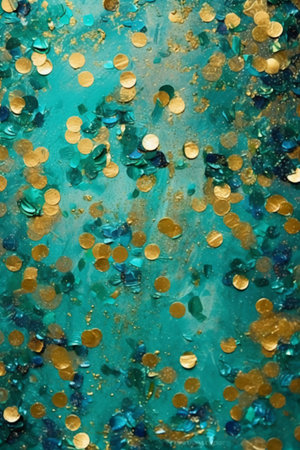 Gold confetti on a turquoise background. Gold and blue glitter.の素材