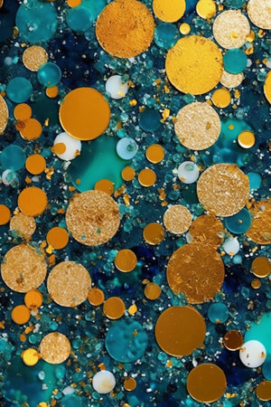 Abstract colorful background with gold and blue confetti. Top view.の素材