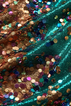 Texture, background, pattern. Fabric with sequins in gold and turquoise colors.の素材