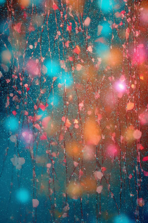 Abstract bokeh background with colorful lights and tree branches in the foregroundの素材