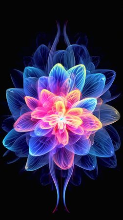 Colorful dahlia flower isolated on black background. Fantasy fractal flower. Psychedelic digital art. 3D rendering.の素材