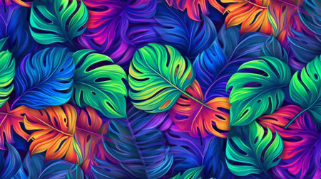 Abstract tropical background with monstera leaves. Colorful bright foliage of tropical plants. Vector illustration.の素材
