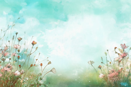 Watercolor floral background with wildflowers and blue sky, hand painted illustrationの素材