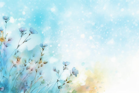 Watercolor floral background. Hand painted flowers on blue sky background.の素材