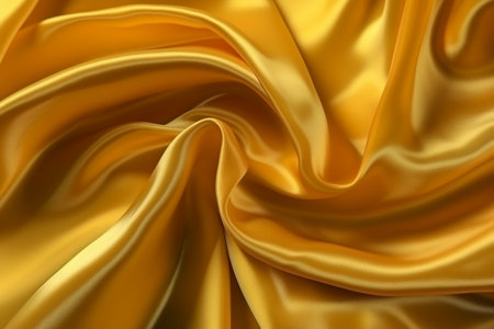 Golden satin background. Close up of rippled yellow silk fabric.の素材