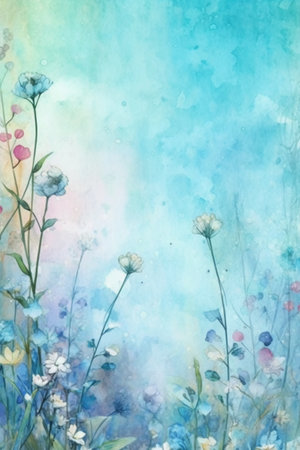 Watercolor floral background with blue and pink wildflowers and heartsの素材