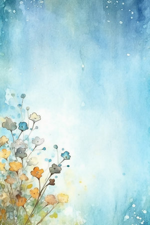 Watercolor floral background with blue sky, clouds and colorful flowers.の素材