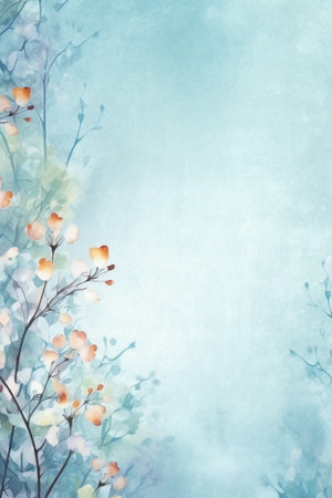 Watercolor illustration of a branch with leaves and flowers on a blue backgroundの素材