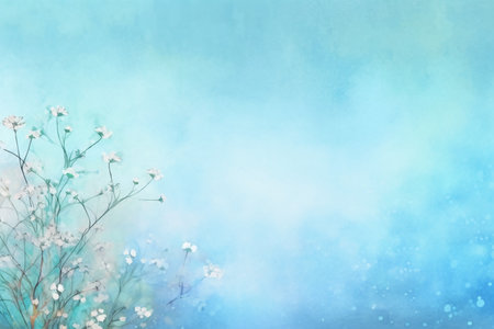 Watercolor spring background with white flowers and blue sky. Space for text.の素材