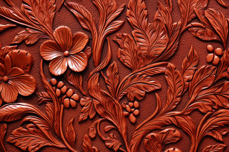 Close-up of decorative wood carving on leather texture. Abstract background and texture for design.の素材