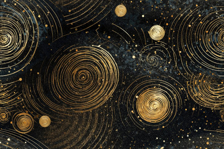 abstract background with circles and spirals in black and gold colorsの素材