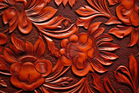 red wood carving on the wall. close up. abstract background.の素材